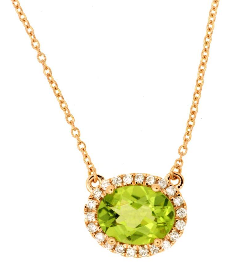 1.52CT DIAMOND & AAA PERIDOT 14K ROSE GOLD 3D OVAL & ROUND CLASSIC HALO NECKLACE