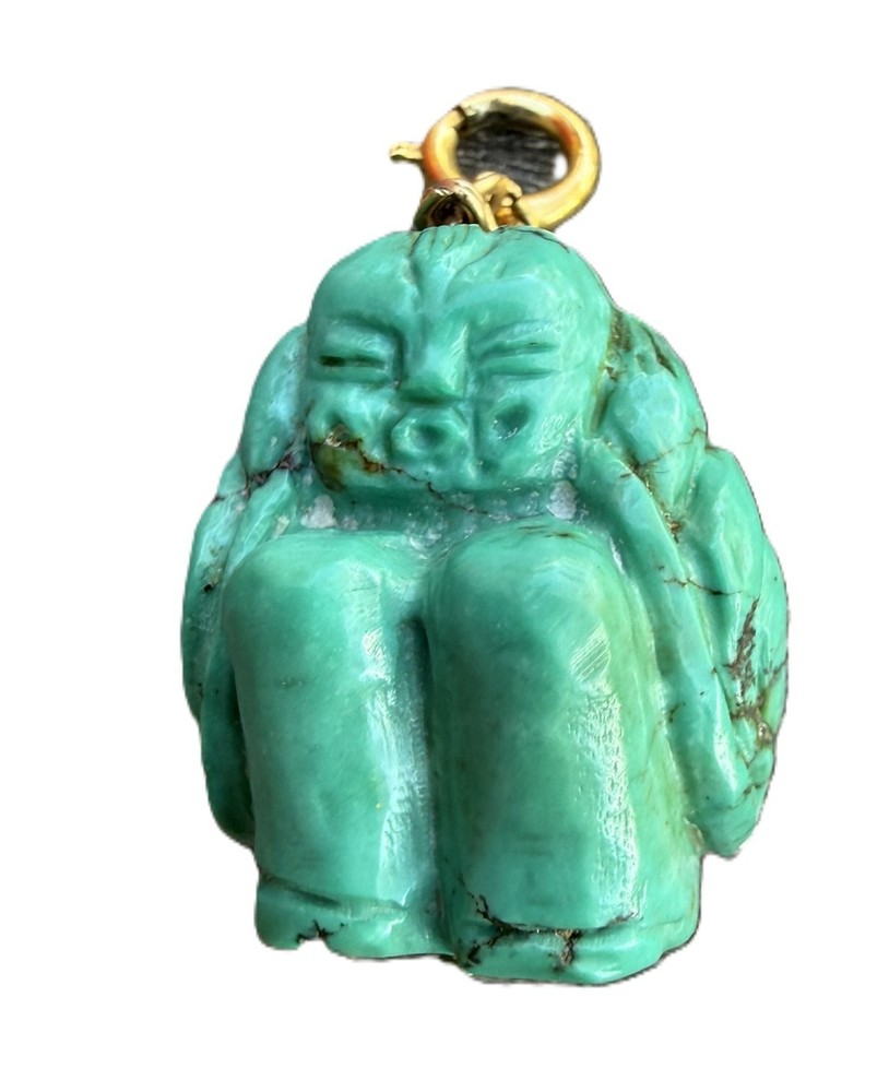 Vintage Semi Precious Turquoise Carved Buddha Budai Charm Pendant Hear No Evil