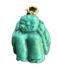 Vintage Semi Precious Turquoise Carved Buddha Budai Charm Pendant Hear No Evil