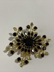 Vintage Gold Tone Jet Black Navette Rhinestone Starburst Pin Brooch