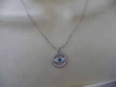 EVIL EYE PENDANT w RHINESTONE on SILVER TONE CHAIN NECKLACE #23/5A