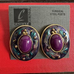 Vtg Casual Corner Purple Oval Cabochon Earrings Enamel Wearable Art Statement