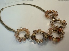 22″ Boho Wire Wrapped 5 HOOP NECKLACE Vtg GOLD TONE Beaded Statement Necklace