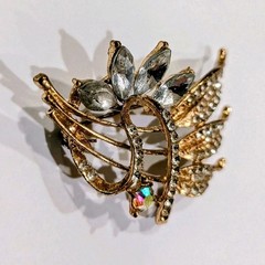 Vintage Gold Tone Leaf Spray Brooch Marquise Navette Clear AB Rhinestone Pin