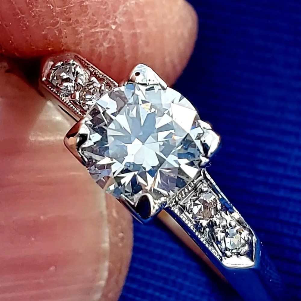 Original EARTH MINED DIAMOND Deco Engagement Ring Vintage PLATINUM Solitaire S 5