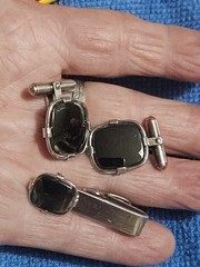 Vintage DECO Cufflinks & Tie Bar Clip Sterling Silver BLACK HEMITITE STONE