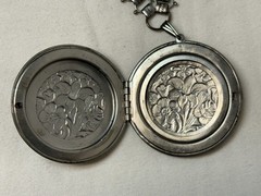 Vtg Victorian Revival Silver Tone Book Chain Locket Pendant Necklace Dbl Sided