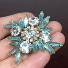 MCM Light Aqua Blue Glass Faceted Prism Rhinestones Pin Brooch 2.5” Goldtone Vtg