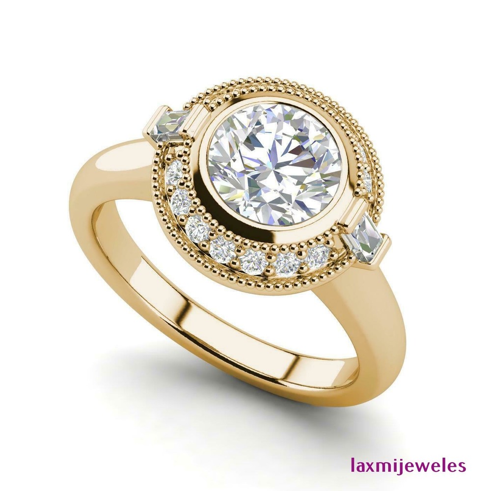 1.50 Ct Round Lab-Created Diamond Ring Set Bezel Art Deco Baguette 14K Gold Over