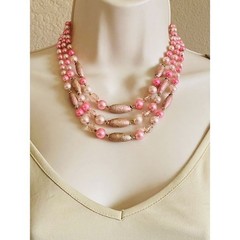 Japan Necklace VTG Glass Pink Pearl Multi Bib Beaded 1960s Glamour Rare Retro