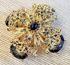Filigree Gold Tone Smoky Gray Rhinestone Brooch Pin Intricate Detail Layered