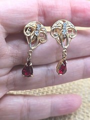 Art Nouveau Red Glass Screw Back Dangle Earrings Gold Tone