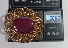 Large Vintage Brooch: Mottled Red-Purple Glass Stone in Interlocked Brass Rings