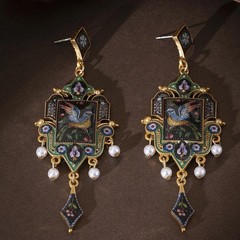 Vintage European Painted Bird Floral Enamel Drop Earrings Pearl Gold Victorian