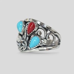 Wheeler MFG Sterling Silver Sleeping Turquoise Coral Diamond Cut Rose Leaf Ring