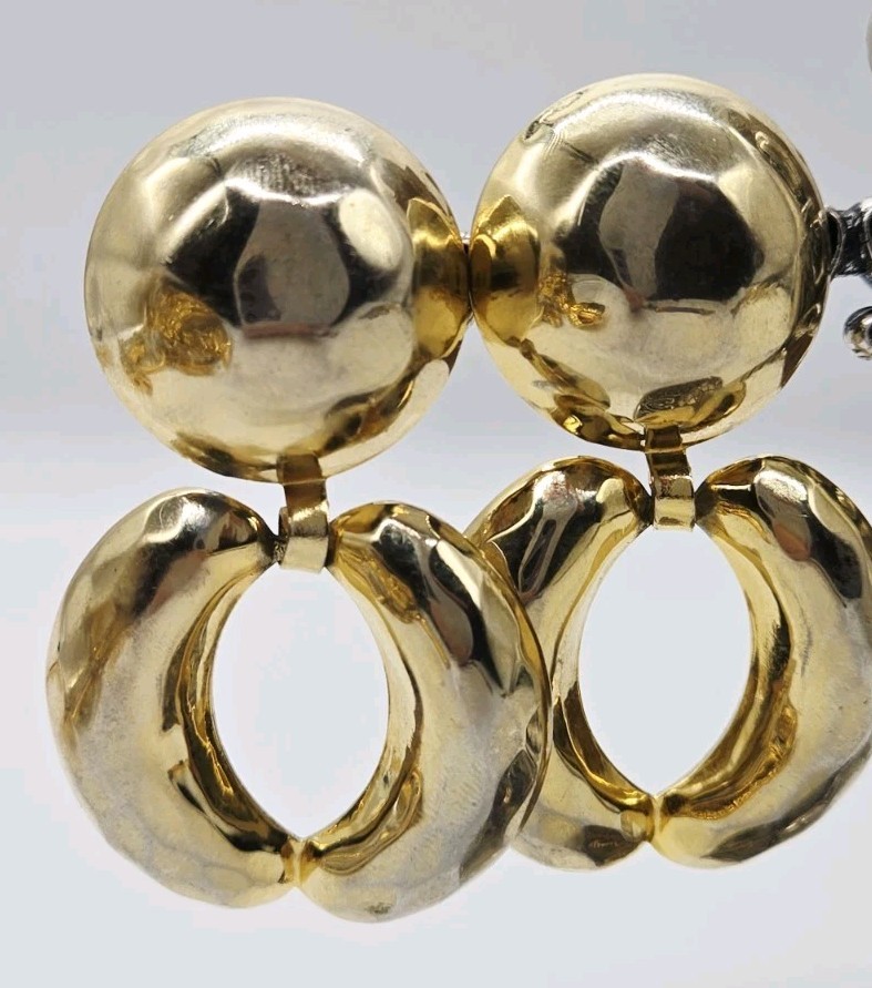 Doorknocker Earrings Clip on Gold tone faceted sculptured Mogul Vintage 2.5 in