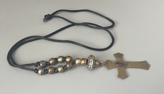 VTG Brass Cross-Religious-Black Cord- Plastic Beads-Necklace-Faux Shell Stone