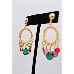 Vintage Crystal Dangle Earrings Lucite Open Bezel Multi-Color Gold NOS BinA16