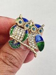 Vintage Style Owl Duo Brooch Pin – Blue & Green Enamel with Rhinestone Accents