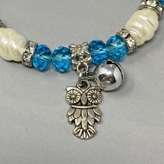 Blue Glass Beaded Bracelet Acrylic White Spacers Owl Bell Charm Stretch Elastic