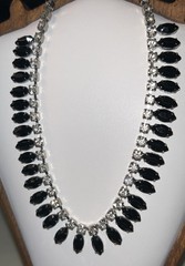 Joseph Warner Signed Black Glass Rhinestone Bib Necklace Vintage Mid Century 15”