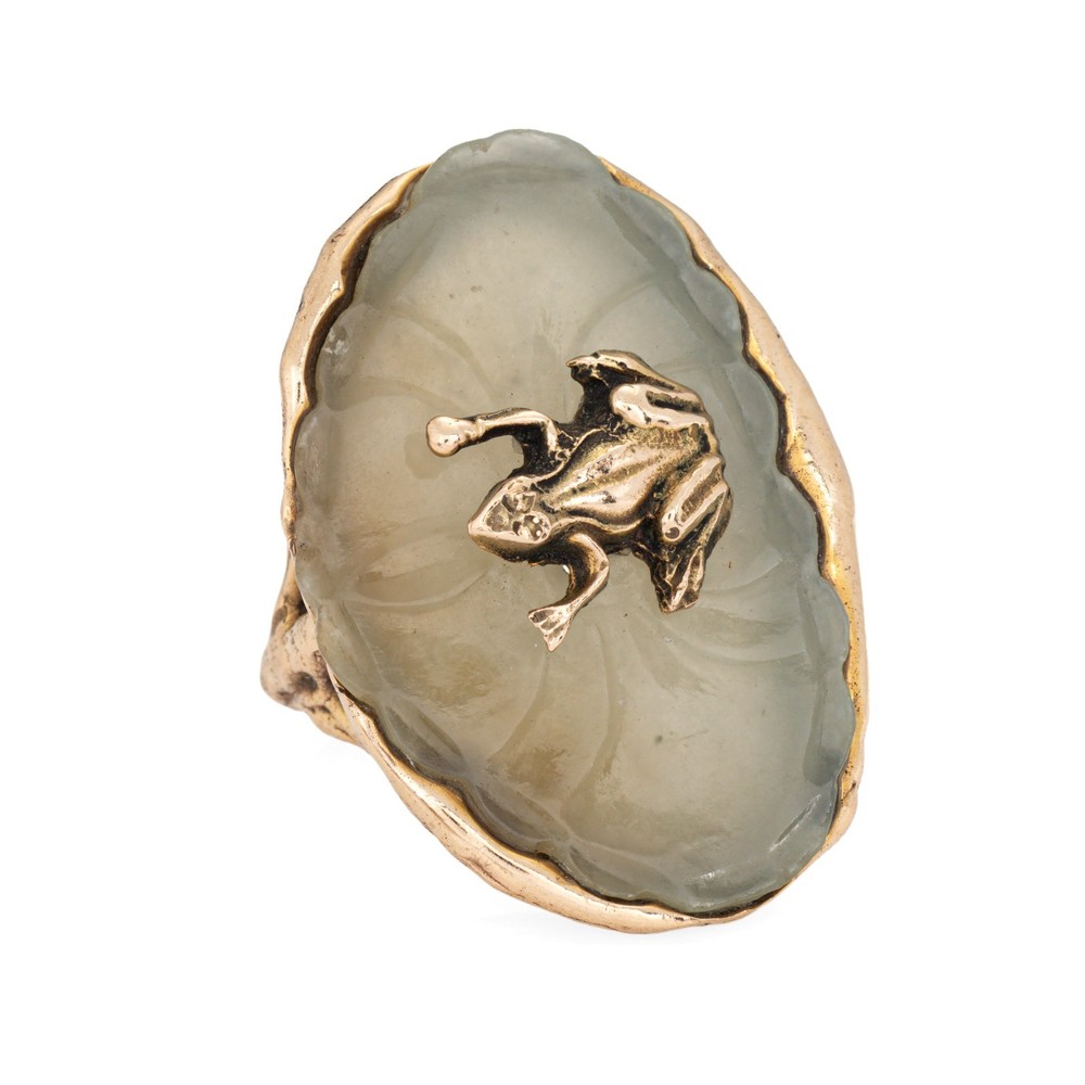 70s Vintage Agate Frog on Lilypad Ring 14k Yellow Gold 9 Fine Cocktail Jewelry