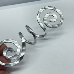 Scarf Slide Silver Tone Hammered Aluminum Double Open Spirals with Center Coil