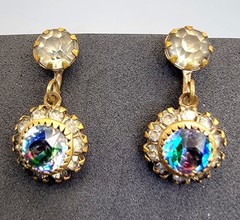 Estate Czech Antique Iris Glass Rhinestone Screw Back Dangle Earrings Signed