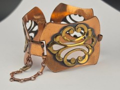 Unsigned Renoir Chunky Copper Brass Filigree Scroll Panel Bracelet Clip Earrings