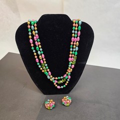 Vintage 3-Strand Faux Pearl Beaded Necklace Earring Set Pastel Colorful Japan