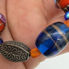 Vintage Wedding Cake Bead Necklace Lamp work Red Orange Cobalt Blue Glass