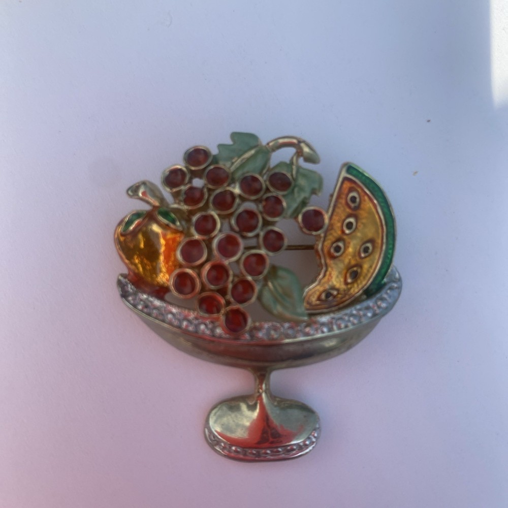 Vintage Fruit Bowl Brooch Apple Watermelon Grapes Gold Tone
