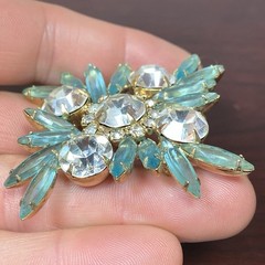 MCM Light Aqua Blue Glass Faceted Prism Rhinestones Pin Brooch 2.5” Goldtone Vtg