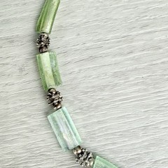 Vintage Sterling Silver Iridescent Green Roman Glass & Beaded Necklace Boho Chic