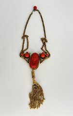 Vintage 1920s-1930s Art Deco Czech Faux Coral Cameo Brass Tassel Necklace