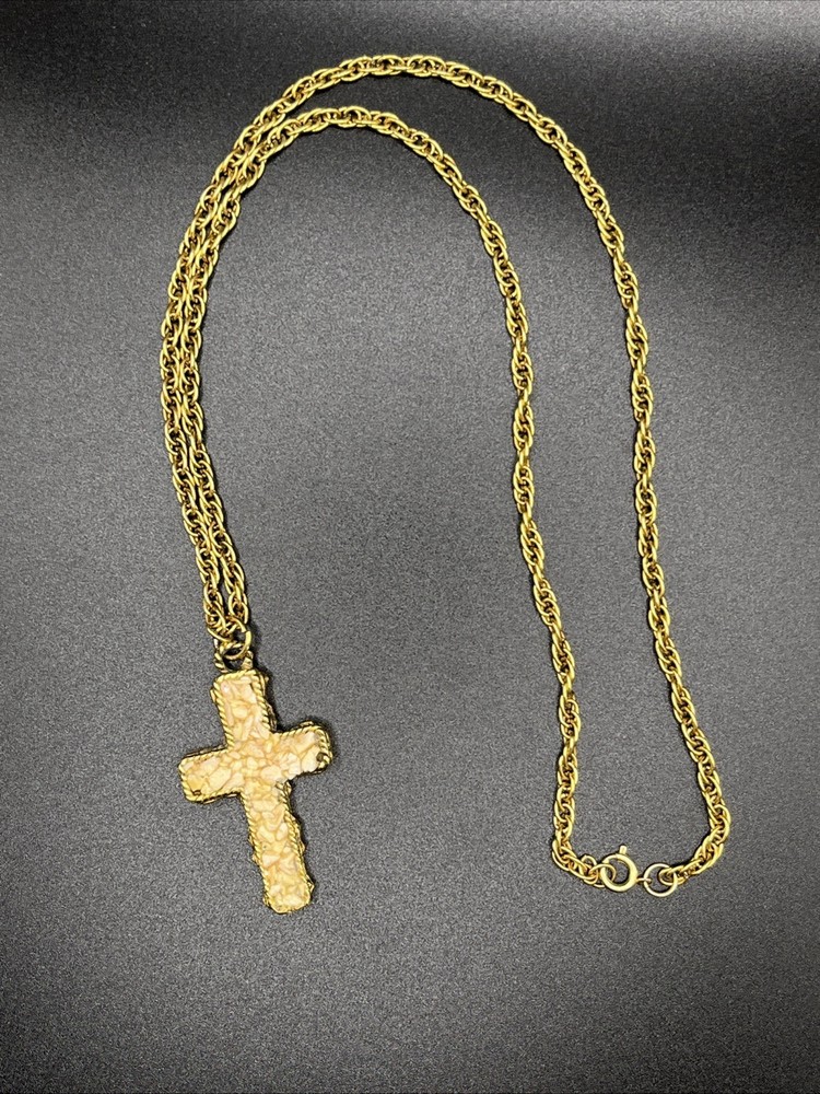 Cross 2″ Natural Stone Chips/Seashell Gold Tone 24″ Chain Vintage Reversible