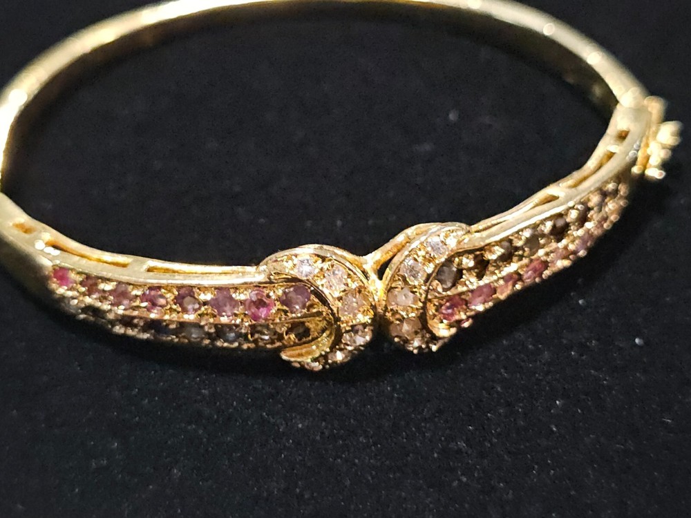 Beautiful Vtg Authentic Ruby Sapphire CZ Cubic Zirconia Gold Plated Bracelet