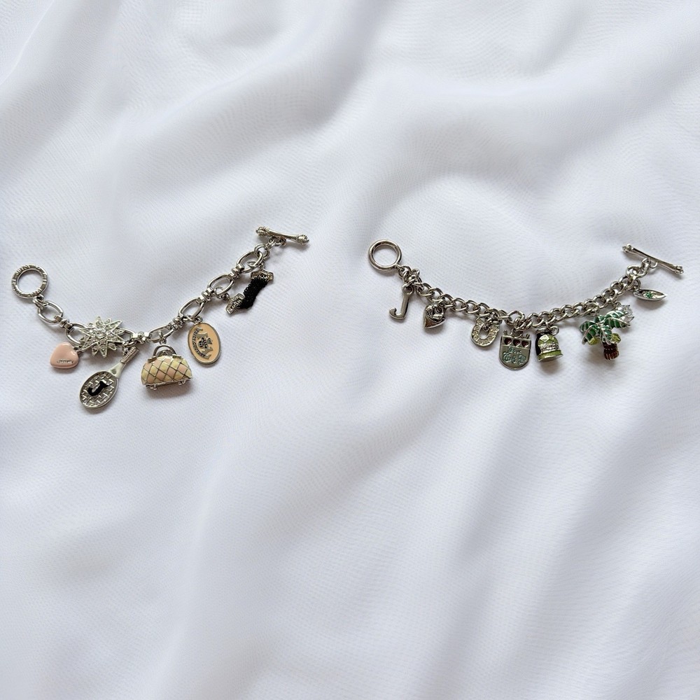 RARE 2PC VINTAGE Y2K JUICY COUTURE SLIVER CHARM BRACELETS | 14 CHARMS | NWOB
