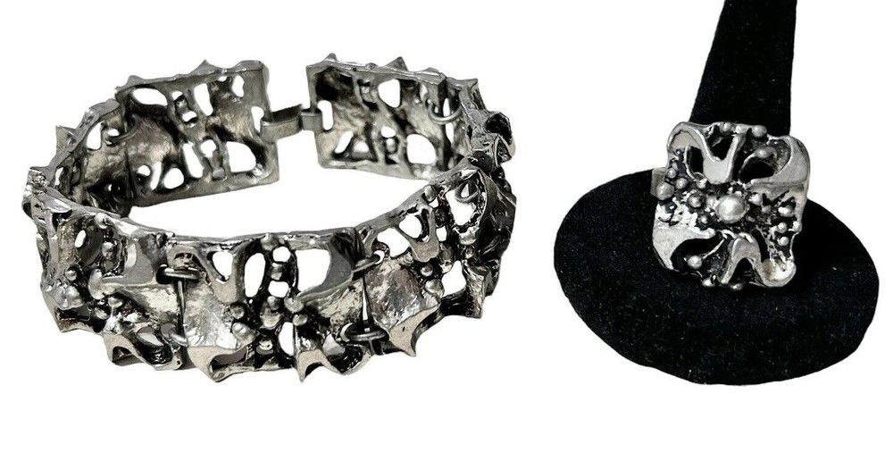 Tapani Vanhatalo Finland Brutalist Bracelet Ring Set Silver Plated Pewter Modern