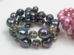 3 Vintage Beaded Stretch Cuff Bracelets Lot Pink Iridescent Rhinestone