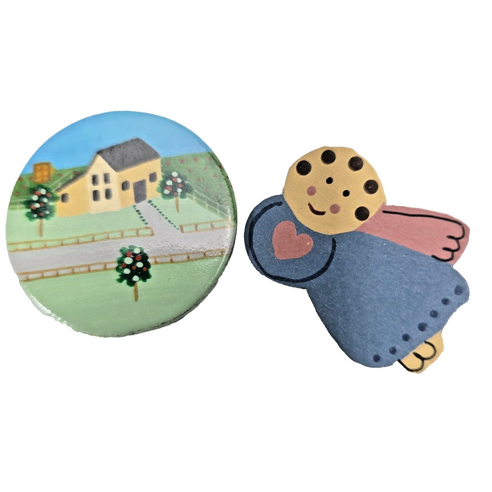 Brooches Pins 2 Wooden House Angel Hand Painted Wood Broach 1.5″ In Vtg