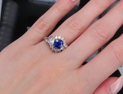 Fine 2.25ct GIA Blue Cushion Sapphire 0.80ct Diamond Platinum Ring, Size 7