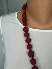 Vintage Chinese Cinnabar Carved Red Bead Necklace & Earrings Set