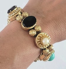 Vtg Victorian Revival Slide Charm Bracelet Signed Safety Chain Cameo 6.5