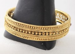 Indian Ornate Gold Tone Bangle Bracelet Hand Made w/ Natural Ruby Stones
