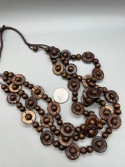 Bohemian Boho Wooden Flat Circle Link with Bead 3 Strand Necklace