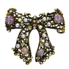 Vintage Signed Hollycraft Faux Pearl Fire Opal Bow AB Rhinestone Brooch Pin