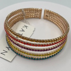 Vintage Kat + Bryn Gold Tone Rainbow Rhinestone 5 Row Open Cuff Bangle Bracelet
