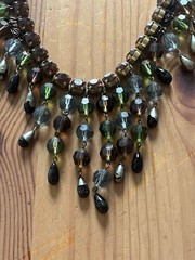 Vintage Beaded Bib Statement Necklace Green Brown Black Adjustable Fringe Boho