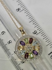Natural Multi Gemstone Diamond Center Pendant 925 Silver Gold Plated Circle